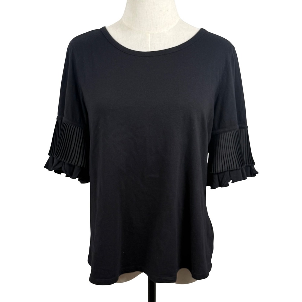 Worthington Women M Top Black Pleated Ruffle Flutter Sleeve Crew Neck Careerchic